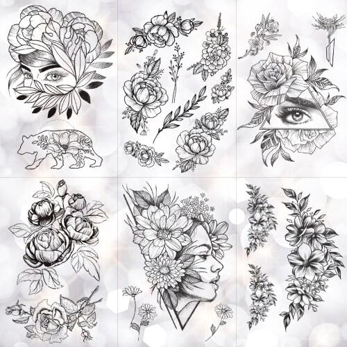 Geometric Flower Rose Eye Leaves Waterproof Temporary Tattoo Sticker Diamond Peony Black Tattoos Body Art Arm Fake Tatoo