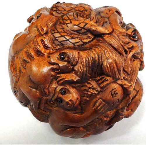Y7582 - 1.5" Hand Carved Boxwood Netsuke Sculpture Carving :12 Zodiac Animals Ball