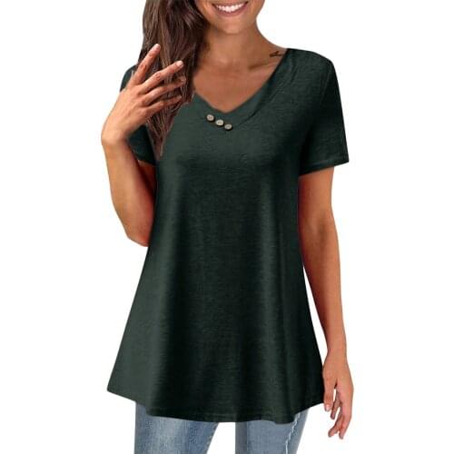 V Neck Botton T Shirts Women 2021 Solid Color Womens T-Shirts Summer Tops Women’s Casual Short Sleeve Shirt Ladies Dress