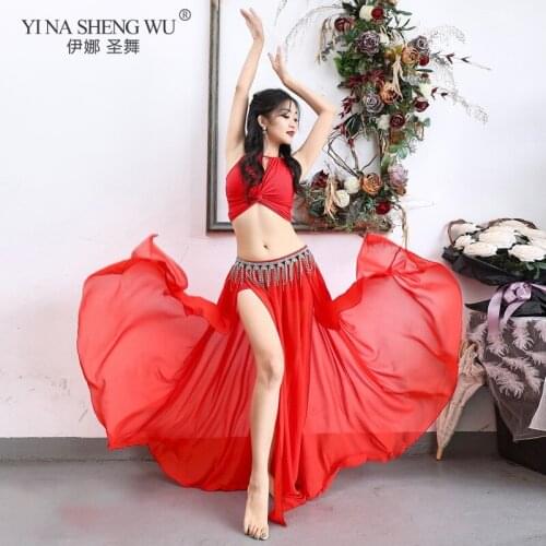 Summer Womens Sexy Belly Dance Costume Set Performance Clothing Fashion Girls Chiffon India Belly Dance Top Big Skirt Practice
