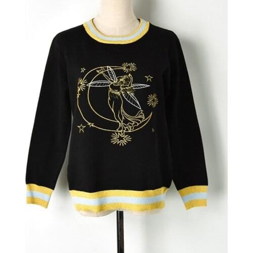 Runway Sweater Women Sweater Lurex Stripe O-neck Gold Embroidery Moon Star Knitted Pullover Casual Cute Jumper