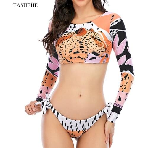 2021 New Sexy High-definition Printed Leopard Bikini Suit Womens Long-sleeved Sunscreen Swimsuit Summer Beach Split Swimwear