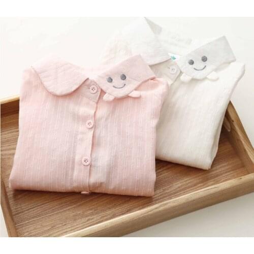 2021 Spring Autumn Casual 2-10 Years Cotton Kids Birthday Clothing Solid Color Cartoon Smile Long Sleeve Girls Blouses Shirts