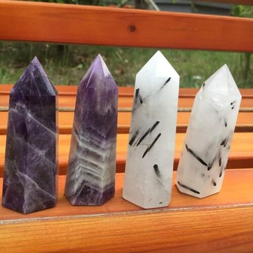 4pcs Natural Gemstones Tower Black Tourmaline Rutilated Quartz Crystal Point Wand Dream Amethyst Ornaments For Home Decor Gifts