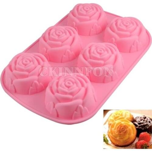 50Pcs/Lot 6 In 1 3D Rose Floral Cake Chocolate Pudding Mold Cutter Silicone Mould Baking Tools