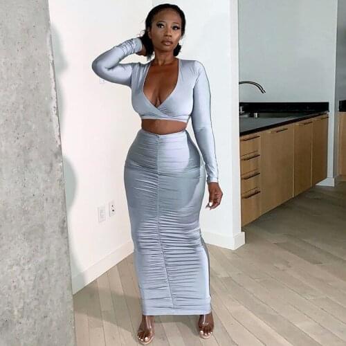 Adogirl Solid Color Women 2 Piece Set Cross Crop Top Long Sleeve V Neck Crop And Ruched Midi Skirt Streetwear Party Outfits