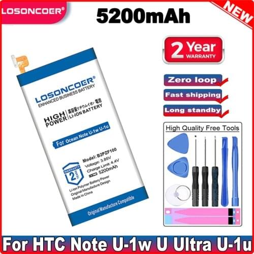 LOSONCOER 4800mAh B2PZF100 Phone Battery For HTC Ocean Note U-1w U Ultra U-1u Smart Phone Batteries Free tools Stand Holder