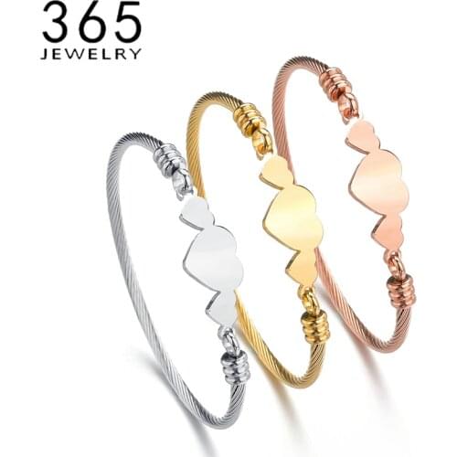 Trendy Stainless Steel Three Heart Cuff Bracelet Gold Silver Color Lady Girl Elegant Heart Bangle Party Wedding Jewelry