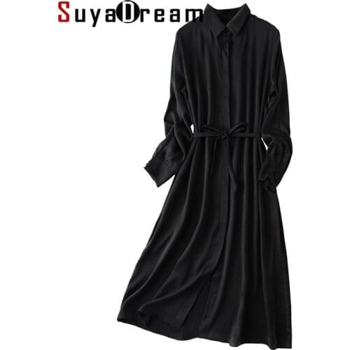 SuyaDream Woman Long Dress 100%Silk Satin Sand Wash Solid Long Sleeves Sashes Chic Shirt Dress 2021 Spring Elegant Blue Dresses