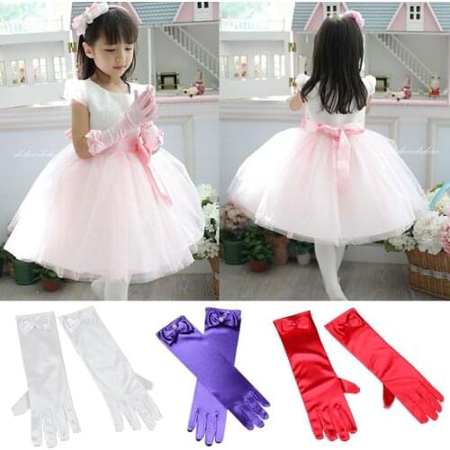 Long Stretch Satin Gloves For Children Wedding Party Cute Girls Kids Finger White Pearl Bow Gloves Soft Accessories