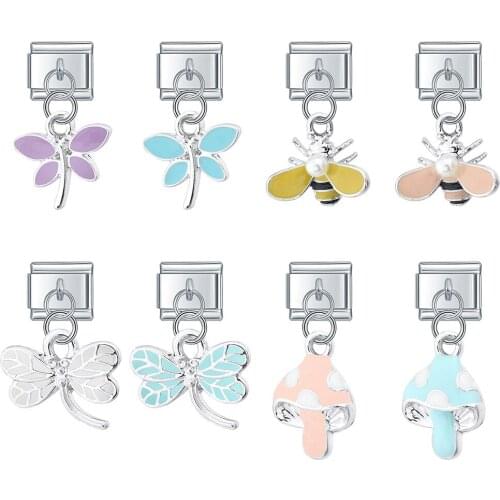 Hapiship 2021 Colour Glaze Dragonfly Seahorse Bee Mushroom Italian Links Fit 9mm Stainless Steel Bracelet Jewelry Making DJ416