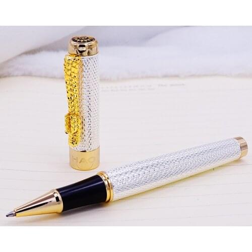 Jinhao 1200 Vintage Luxurious Rollerball Pen Beautiful Ripple with Dragon Clip, Noble Silver Metal Carving Ink Pens Collection