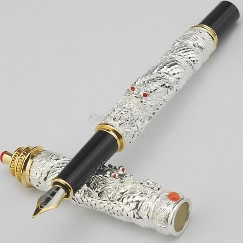 Jinhao Ancient Fountain Pen Silver Tower Cap Small Double Dragon Playing Pearl Metal Carving Embossing Heavy Pen Writing Gadget