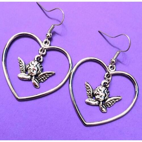 Classic Harajuku Style Hollow Heart Angel Dangle Earrings Vintage Punk Silver Color Geometric Drop Earrings For Women Jewelry