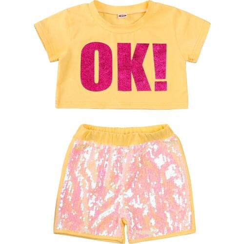 2-7Y Fashion Toddler Girls Clothes Sets 2pcs Letter Short Sleeve T Shirts Sequined Shorts