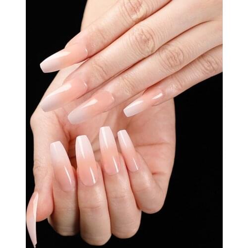 24pcs/Set Long Coffin False Nails Pre-design Nude Pink White Gradient Full Nail Decoration Ballerina Tips with Glue Faux Ongles