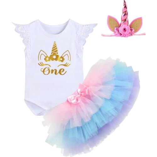 First Birthday Clothes for Girls Baby One Years Old Birthday Cake Smash Outfit 3pcs Set Unicorn Pattern Baby Girls Clothes Set