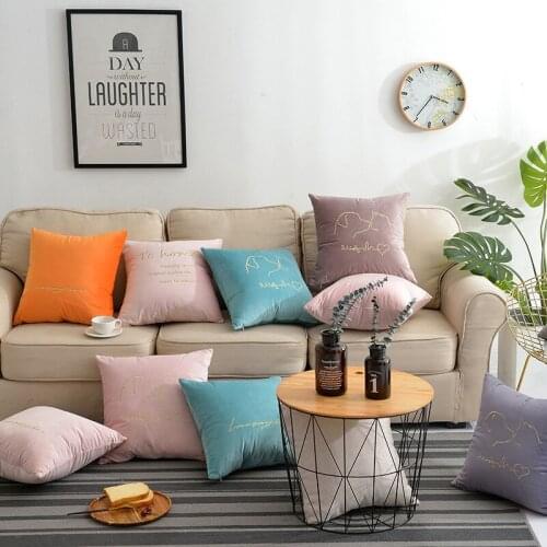 Home Decor Embroidered Solid Cushion Cover Dusty Pink Blue Grey Orange Cotton Square Velvet Embroidery Pillow Cover 45x45cm
