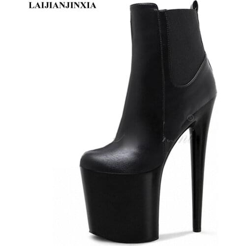 LAIJIANJINXIA New 20cm Super High Heels Women ANKLE Boots Fashion Lace-up Short Boots PU Leather Waterproof Platform Dance Shoes