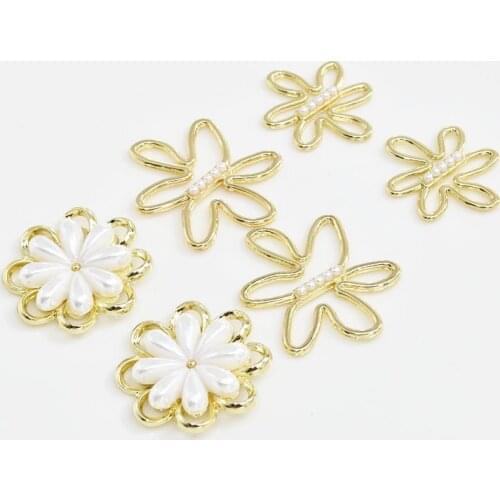 Zinc Alloy Golden Imitation Pearls Flowers Charms Connector 10pcs/lot For DIY Designer Charms For Bangles Wholesale Nickel Free