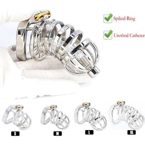 Smooth Male Chastity Cage Belt Device Cock Cage With Spiked Ring Urethral Catheter Cockring Penis Ring Lock 18+ Sex Toys For Men