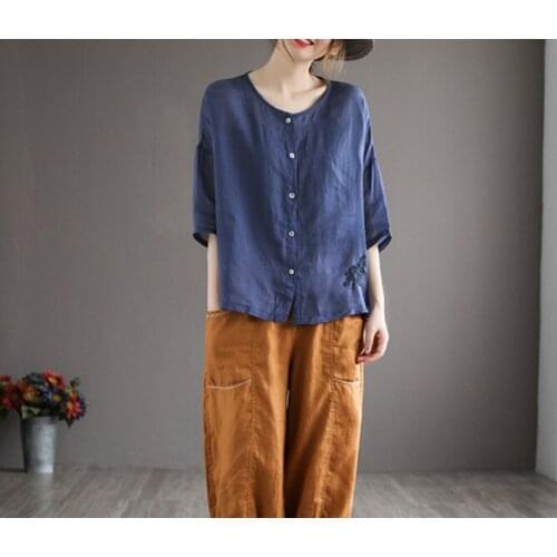 Women Shirts Summer Loose 21 Solid Color Embroidery Vintage Half Sleeve Female Thin Tees Fashion