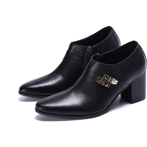 Summer Italian High heels Genuine Leather Mens Shoes Black Formal Zipper Designer Wedding Oxford Double Buckle Sapato Social