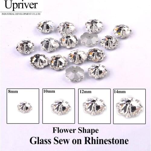 Upriver All Sizes Flower Shape Clear Crystal White Glass Sew On Rhinestone Pointback Sew-On Rhinestones For Women Dresses