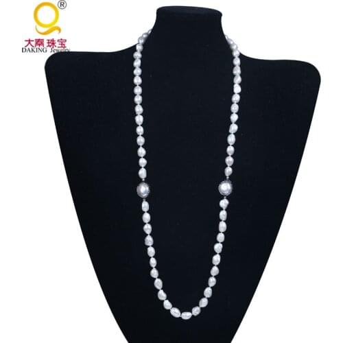 11-12mm baroque pearl necklace white freshwater pearl necklace bead knotted necklace polymer clay & rhinestone long necklace