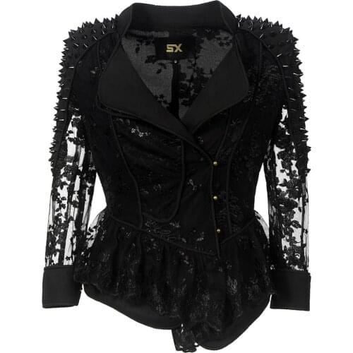 New WOMEN Hollow High Quality Lace Chiffon beading rivet Outwear Casual Short Lace Biker Jacket Leisure Button stud short coat