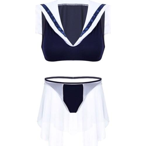 Women Schoolgirl Uniform Lingerie Set Sexy Sailor Outfit Stage Performance Cosplay Costume Sleevess Crop Top with G-string
