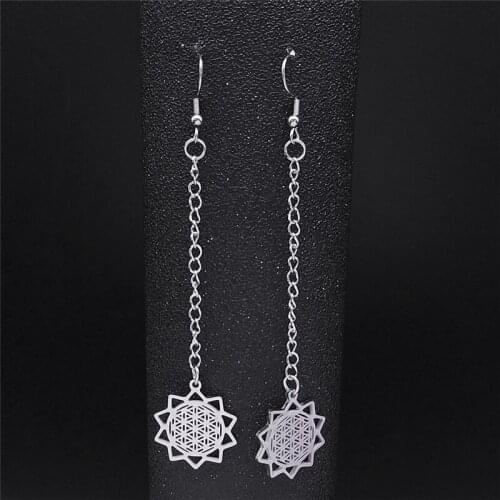 Sunflower Flower of Life Drop Earing Silver Color Long Earings Women Bohemia Jewelry acero inoxidable joyeria mujer E3518S04