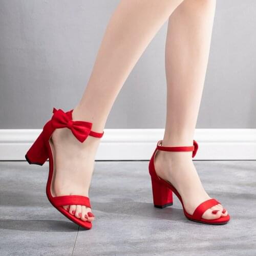 Women Pumps Bowknot Sexy Peep Toe 7CM Ankle Strap Chunky High Heels Sandals Party Wedding Dress Shoes