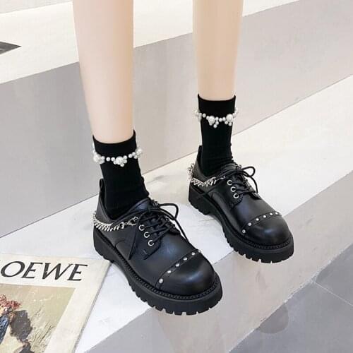 2021 Autumn Woman Oxford Shoes Pu Leather Lace Up Casual Shoes Platform Chain Work Shoes Rivet Black Flats zapatos mujer