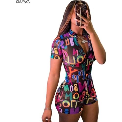 CM.YAYA Women Letter Print Zipper Up Short Sleeve Bodycon Playsuit Fashion One Piece Overall Bodysuit romper Sport Jumpsuit
