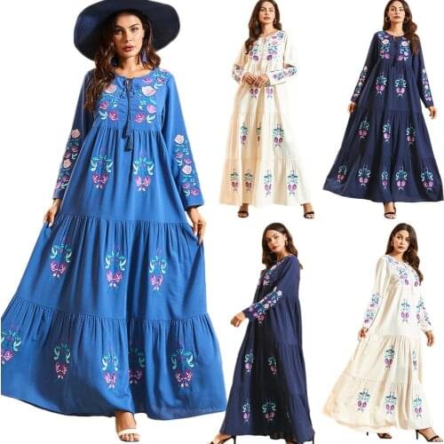 Women Embroidery Long Dress Muslim Abaya Long Sleeve Maxi Robe Party Arab Jilbab Islamic Ramadan Bohemia Holiday Casual Dresses