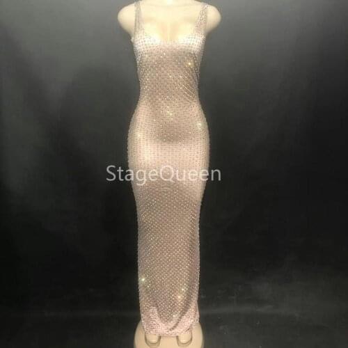 Women Sexy Stage Skin Color Long Dress Sleeveless Full Of Sparkling Crystals Nightclub Party Banquet Stage Wear Costumes DS DJ