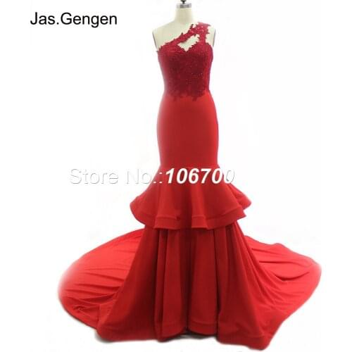 New Two Layers Long Train Formal Evening Dress Embroidery Lace Beading Stones Sweetheart Ruffle Mermaid Red Crepe Prom Gowns