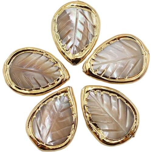 APDGG Wholesale 5 Pcs Yellow Shell Pearl Leaf shaped Gold Plated Connector Pendant Beads For Pearl Necklace Jewelry DIY