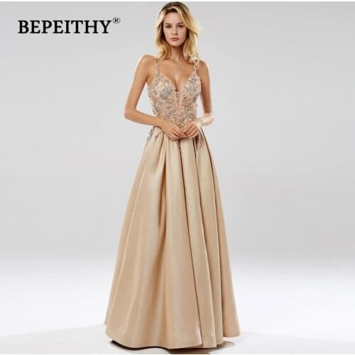 BEPEITHY Glitter Champagne Long Evening Dress Party Elegant Lace Bodice Sexy Open Back Prom Gown Vestido De Festa 2020