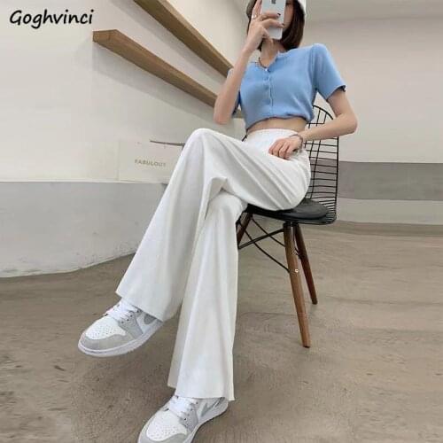 Casual Pants Women Trendy Solid High Elastic Waist Summer Elegant Lady Modern Wide-leg Full Length Trouser Cozy Streetwear Femme
