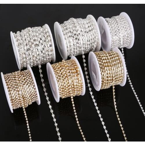 10yards/roll clear crystal SS6-SS18(2mm-4.5mm) Silver/Gold base Rhinestone Chain apparel Sewing style diy beauty accessories