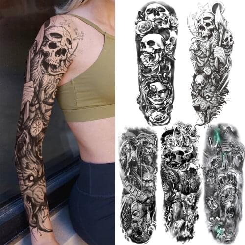 Death Skull Wolf Temporary Tattoos Sleeve For Women Men Adult Fake Warrior Tattoo Sticker Black Demon Long Size Tatoos Full Arm
