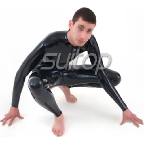 Suitop black rubber catsuit with front zip through crotch