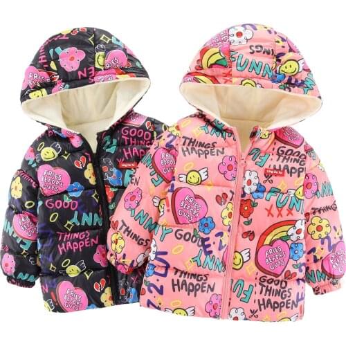 Printed Down Jacket for Children Autumn Baby Boy Fashion Hooded Letter Cotton Coat Toddler Girl Winter Zipper Coat 0-6 Outerwear