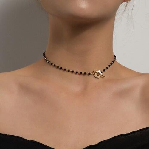 Elegant Flower Lariat Lock Necklace Black Crystal Glass Bead Choker Necklace ​Party Jewelry Charm Chain Necklace Clavicle Chain