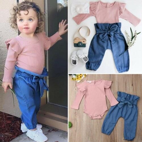 2Pcs Newborn Infant Baby Girl Cotton Long Fly Sleeve Romper High Waist Denim Pants Trousers Outfit Clothes Set