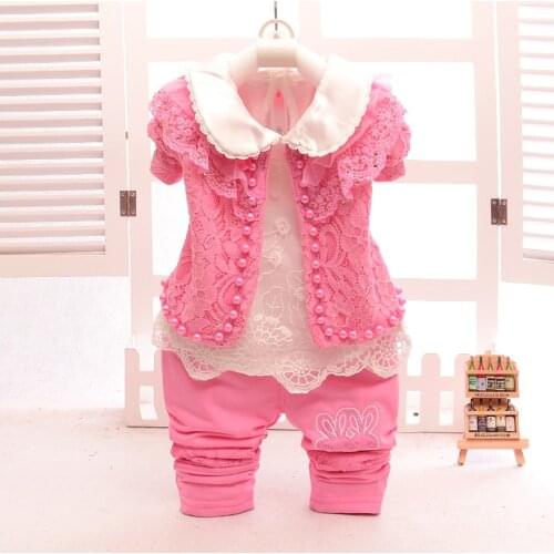 2020 Spring Baby Girl clothing Sets 3 pcs Lace Pearls Coat+T shirt+Pants Children Princess Kids Birthday Outfits Newborn Gifts