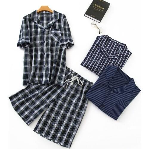 Summer Fashion Plaid Shorts Sleepwear Men 100% Cotton Short Pajamas Sets Men Casual Japanese Short-sleeve Button Sleepwear