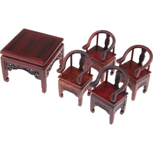 1/6 Dollhouse Solid Redwood Miniature Furniture Set - Wooden Tea Table With Chairs, Vintage Chinese Style